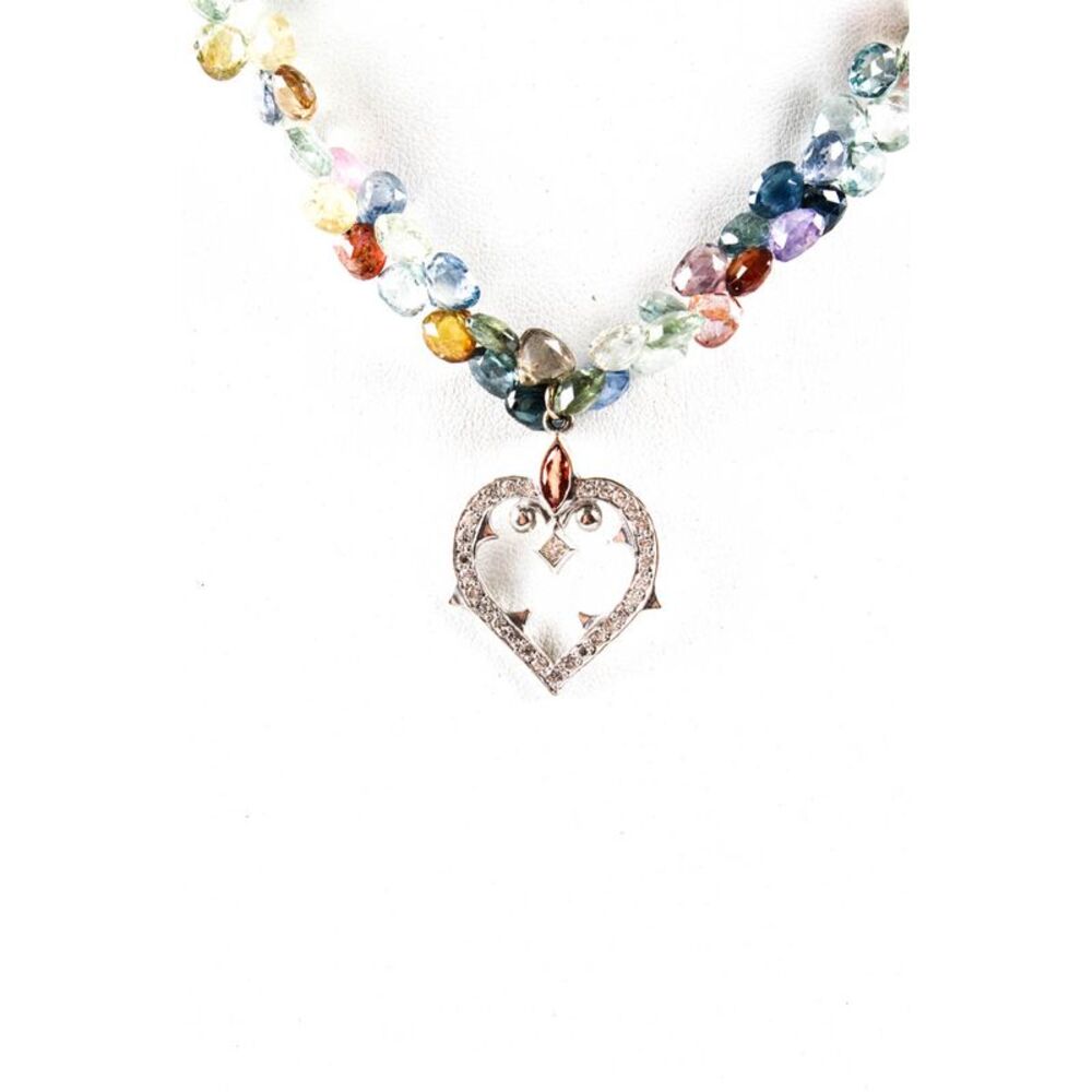 Loree Rodkin Womens 18K White Gold Multicolor Sapphire Heart Pendant Necklace